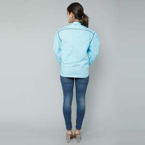 Bleu ciel formel dames haut brodé Logo taille libre minceur mousseline de soie et popeline longue longueur pour la saison automne et printemps - Product Image 3