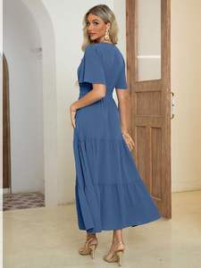 OEM alta calidad azul bohemio Maxi verano señora elegante señoras suelta playa Mujer vacaciones media manga vestido de vacaciones escalonado - Product Image 3