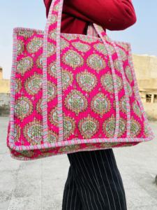 Wholesale Custom Hand Block Printed Cotton <b>Tote</b> <b>Bag</b> Eco-Friendly Reusable <b>Summer</b>/Winter Fashion Vintage Zipper Closure OEM Logo - Product Image 4
