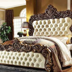 Lit King Size en bois massif sculpté à la main au design rococo français classique-Acajou doré peint-2 - Product Image 1