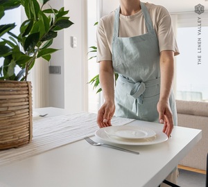 Delantal de babero de cobertura completa de estilo europeo suave de lino lavado blanco con kit de cocina de bolsillo para mujeres y hombres - Product Image 4