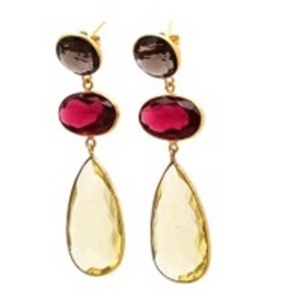 Pendientes de cuarzo ovalado y Plata de Ley 925 con diseño de limón, rubí y GEMA de cuarzo ahumado, en forma de pera - Product Image 1