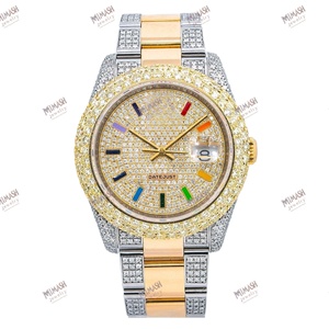 Reloj de diamantes moissanita de primera calidad con marcadores de hora coloridos, bisel de oro amarillo y pulsera de plata completamente helada para un estilo atrevido - Product Image 5