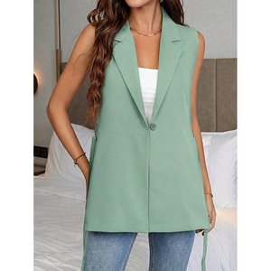 Chaqueta de satén sin mangas para mujer, con cuello, botones frontales y cinturón, 35949 - Verde - Product Image 4