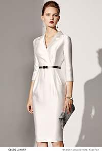 Robe décontractée en tissu sergé avec col en V longueur genou manches longues et anti-rides couleur unie - Product Image 2