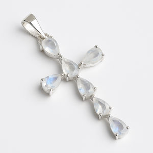 Pendentif Croix en Pierre de Lune Argent Sterling Plaqué Rhodium Minimaliste Élégant pour Femme Cadeau de Mariage ou de Fête 6x4mm Forme Poire Sertissage à Griffes - Product Image 5