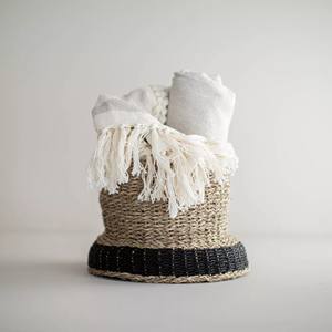 Handwoven <b>Seagrass</b> <b>Basket</b> with Black Beaded Accent Stylish Eco Friendly <b>Storage</b> Solution for Home Office and Living Room - Product Image 4