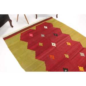 Turkish Vintage <b>Wool</b> Rug 5.3x8 ft Patchwork Design with Red/<b>Yellow</b> Plants & Trees Latex Backing - Product Image 1