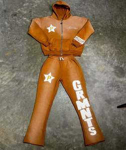 Custom Streetwear tracksuit <b>Mens</b> <b>Flare</b> Sweatsuit French Terry Hooded Heavyweight 3D Puff Print Flared Sweatpants And tracksuit - Product Image 6