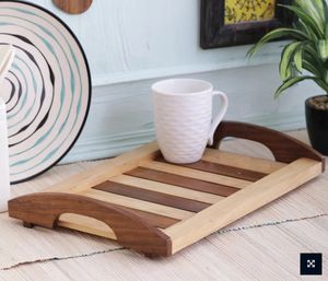 Bandeja de madera de acacia de 12 pulgadas hecha a mano azul Chatai con asas, Plato decorativo para servir para mesa de desayuno decorativa - Product Image 2