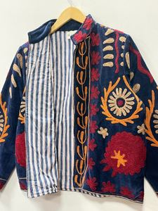 <b>Women's</b> Beautiful 100% Cotton <b>Velvet</b> Bomber Suzani <b>Jacket</b> with Floral Embroidery for Party Wear - Product Image 4