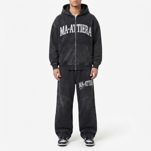 Mens Washed <b>Black</b> <b>Zip</b> Up Hooded Tracksuit Set Decorative Text Print <b>Hoodie</b> and Wide Leg Pants - Product Image 3