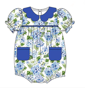 Setelan Pakaian Sutra Susu Motif Bunga Warna Musim Semi yang Dapat Disesuaikan, Pakaian Bayi Perempuan Motif Bunga Biru, Gaun Smok Lengan Gelembung Anak-Anak - Product Image 3