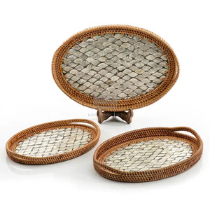 ถาดรองแก้วแบบสานทำด้วยมือถาดสำหรับใส่ผลไม้และกาแฟถาดเสิร์ฟพร้อมฐานฝังมุก - Product Image 2