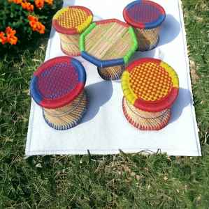 Elegante juego de taburetes otomanos de mimbre de caña de bambú de primera calidad con mesa para sala de estar, cafetería, restaurantes de interior y exterior - Product Image 5