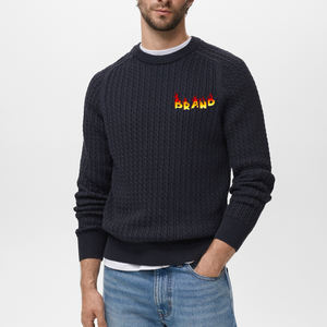 OEM Long <b>Sleeve</b> Crew Neck <b>Cable</b> Knit Men's Sweaters solid black color slim fit Knitted custom embroidered logo Winter Sweater - Product Image 1