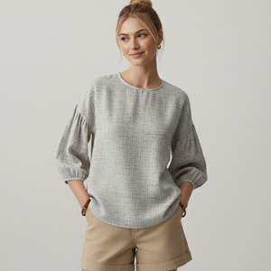 Chemise courte en lin décontractée pour femmes avec manches bouffantes Printemps Été Lavable Design simple - Product Image 1