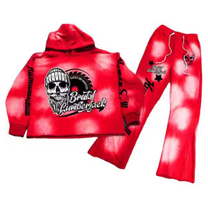 Streetwear d'hiver unisexe personnalisé lavage à l'acide éponge française survêtement évasé pantalon de survêtement brodé ensembles de sweats à capuche 100% coton - Product Image 2