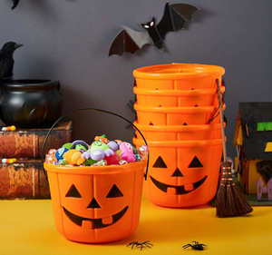 Durable Thick <b>Plastic</b> Orange <b>Pumpkin</b> Bucket with Handle, <b>Large</b> Halloween Trick-or-Treat for Kids Candy Container for Parties - Product Image 3