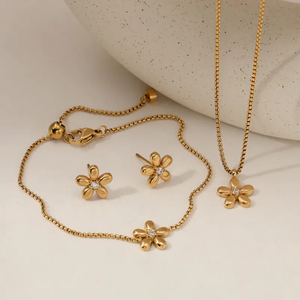 Elegant Flower Design Jewelry Set for Women with Necklace Bracelet and Earrings Gold Plated <b>Stainless</b> <b>Steel</b> for Daily Use - Product Image 1