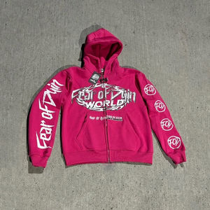 OEM Custom 100%Cotton Fashionable Striking <b>Pink</b> Streetwear All-Over Screen Printed Zip-up Men's Hoodie - Product Image 4