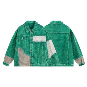 American Style Trendy Vintage Distressed Denim <b>Jacket</b> for <b>Men</b> Women Loose Fit <b>Long</b> Sleeve Spring Autumn Green Stitched <b>Jacket</b> - Product Image 2