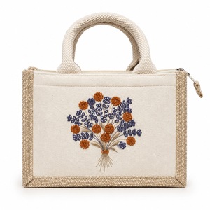 Bouquet Bloom Floral Embroidered Cotton Juco <b>Mini</b> Hamper <b>Bag</b> 9 x 6.5 x 5 Inch Woven Handle Zipper <b>Gift</b> Tote - Product Image 1