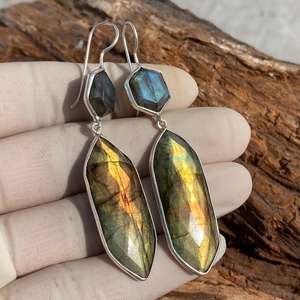 <b>Large</b> Labradorite Gemstone Earrings 925 Sterling Silver Handmade Statement Unique Fashion Jewelry Gift For Women Men - Product Image 6