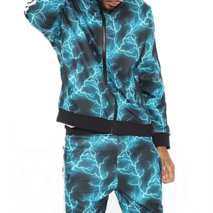 Men Lightning Print Tracksuit Set Custom Logo Two Piece <b>Zip</b> <b>Up</b> <b>Jacket</b> and Jogger Pants Sportswear Gym Outfit Wholesale OEM - Product Image 1