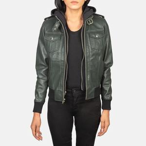 High Quality Wholesale <b>Vintage</b> original Green Hooded PU Leather Bomber <b>Jacket</b> for Women with Zipper closure easy to wear - Product Image 1