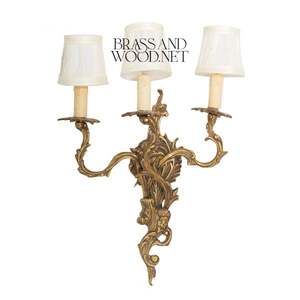 Antique Brass Wall Sconce with Three Arm Design <b>and</b> Fabric Shades for Classic Luxury <b>Home</b> <b>and</b> Interior <b>Decorative</b> Lighting - Product Image 1