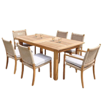 Ensemble de table à manger en teck massif moderne avec chaises en rotin, 6 places, meubles de restaurant intérieur/extérieur, design contemporain