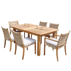 Modern Solid Teak Wood Dining Table <b>Set</b> With Rattan Chairs 6 Seater Indoor Outdoor <b>Restaurant</b> Furniture Contemporary Design - Product Image 1