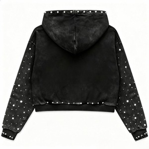 Custom Applique Embroidery Distressed Hoodie <b>Rhinestone</b> Zip <b>Jacket</b> Acid Wash Vintage Cropped Fleece Streetwear Solid Winter - Product Image 2