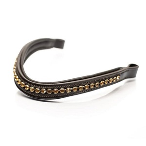 Banda para la frente de caballo de cuero extra cómoda acolchada suave negra o marrón Habana decorada con cristales redondos de topacio dorado de 1 Fila ostentosos - Product Image 3