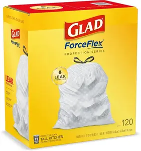 GLAD ForceFlex高拉绳垃圾袋，13加仑白色垃圾袋，高厨房垃圾桶，无味防漏袋
