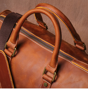 Sac de voyage pliable en cuir véritable, fermeture éclair, durable, marron, avec poignée cousue main - Product Image 5
