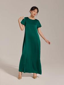 Robe longue en soie simple pour femmes avec col rond tenue de maison décontractée à manches courtes et motif solide robe longue décontractée d'été - Product Image 6