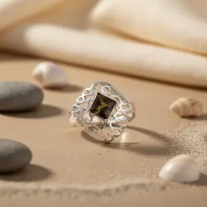 "Adjustable Smoky Quartz Fashion <b>Ring</b>-Women's <b>Statement</b> Jewelry (Natural Gemstones Inlay)" - Product Image 2