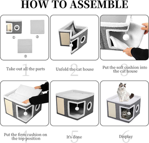 บ้านแมวขายส่งสำหรับสัตว์เลี้ยงในบ้าน พับได้ ซักได้ 2 ชั้น บ้านแมวขนาดใหญ่พร้อมที่ลับเล็บและลูกบอลขนปุย เตียงแมวสำหรับลูกแมว - Product Image 3