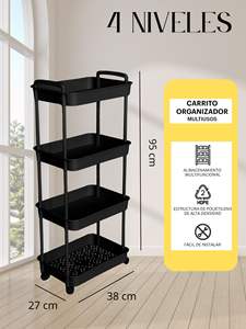 Carrito de almacenamiento, organizador cuadrangular de plástico, estante de 4 niveles blanco y negro 2 manijas 0809 - Product Image 2