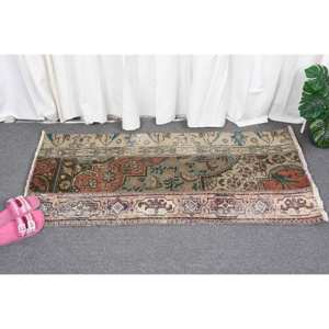 Alfombra clásica de lana marrón y beige hecha a mano, diseño de retazos rectangulares turcos de 1,8x3,9 pies para sala de estar, alfombras de noche con respaldo de látex - Product Image 4