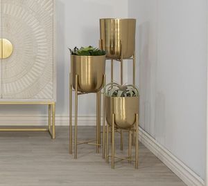 Glazed Metal Flower <b>Pot</b> with Gold Floor Stand Contemporary Plant Rack <b>Holder</b> for Indoor Outdoor Home Garden Decor - Product Image 5