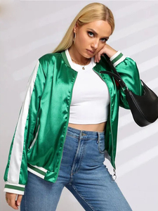 <b>Women</b> Fashion Satin Bomber Jacket Zip up Casual Oversized Jacket <b>Coat</b> with Pocket Side Striped Satin Jackets Loose Fit Over Size - Product Image 1