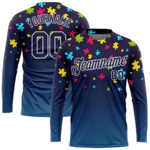 Wholesale Direct <b>shirts</b> Engro Sportswear industry Cusom Navy -<b>White</b> Autism Awareness Puzzle Pieces 3D <b>Long</b> <b>Sleeve</b> <b>T</b>-<b>Shirt</b> - Product Image 1