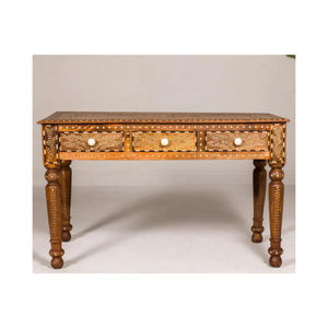 Console d'entrée faite à la main avec 3 tiroirs, design classique, incrustation d'os, bois de teck recyclé, finition naturelle pour la chambre à coucher, décorative - Product Image 1