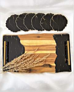 Artisanat en résine haut de gamme Plateau de service en géode en résine époxy avec poignées en or Conception de feuille d'or pour vanité de bijoux de café ou comme cadeau - Product Image 5