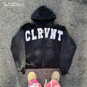 Zip up Hoodie Hombres Custom Distressed Applique Patch Bordado Vintage Acid Washed Men Hoodies - Product Image 4