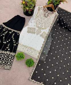 NOUVEL ARRIVÉ GEORGETTE BRODERIE SÉQUENCE TRAVAIL TOP SHARARA AVEC DUPATTA MARIAGE VÊTEMENT ETHNIQUE NOIR PRIX DE GROS - Product Image 5