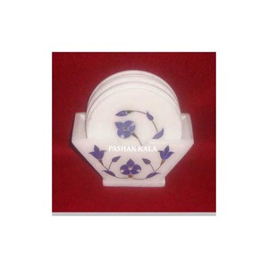 Incrustation de marbre blanc pur faite à la main avec sous-verre en nacre bleue pour cadeau d'affaires et fabricant à usage de décoration intérieure - Product Image 1